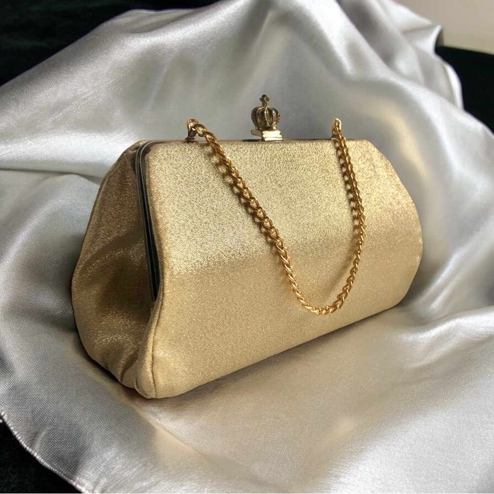 Vtg 60s 70s Gold Lame Crown Kisslock Framed Convertible Clutch Handbag